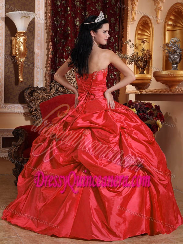 Ball Gown Strapless Taffeta Beaded Dress for Quinceanera in Coral Red