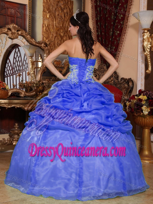 Sweet Strapless Organza Ball Gown Quince Dresses with Appliques