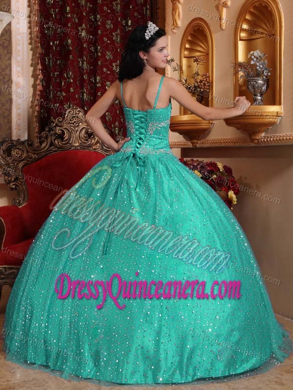 Cheap Turquoise Ball Gown Quinceaneras Dress with Spaghetti Straps