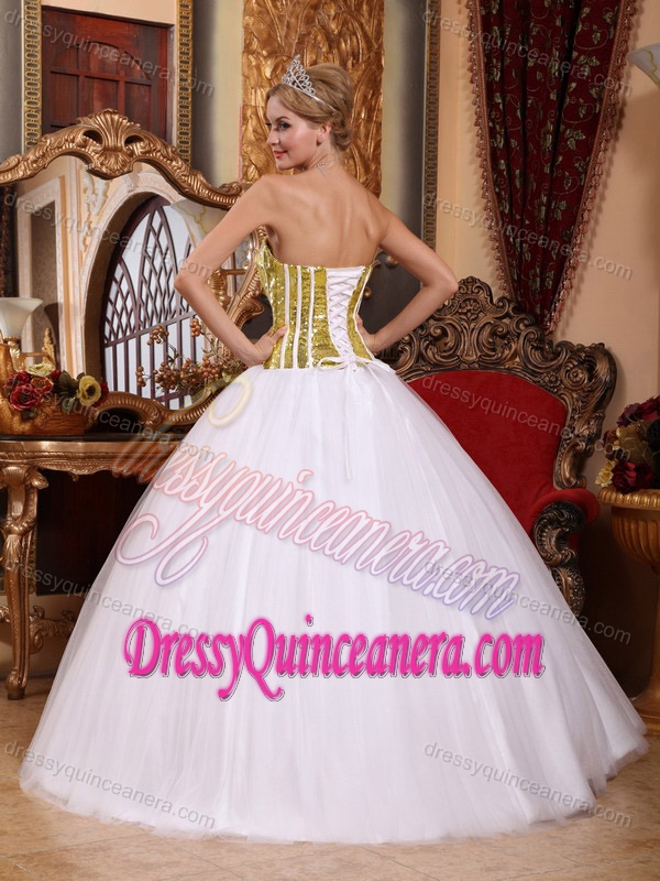 White Ball Gown Strapless Perfect Quince Dress with Sequins in Tulle