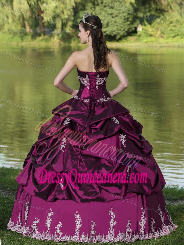 Satin Discount Strapless Quinceanera Gowns in Fuchsia with Embroidery