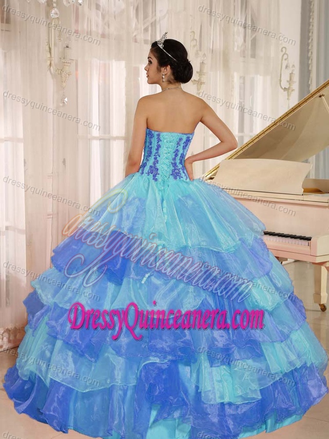 Appliques Decorate Sweet Quince Dresses in Blue with Ruffled Layers