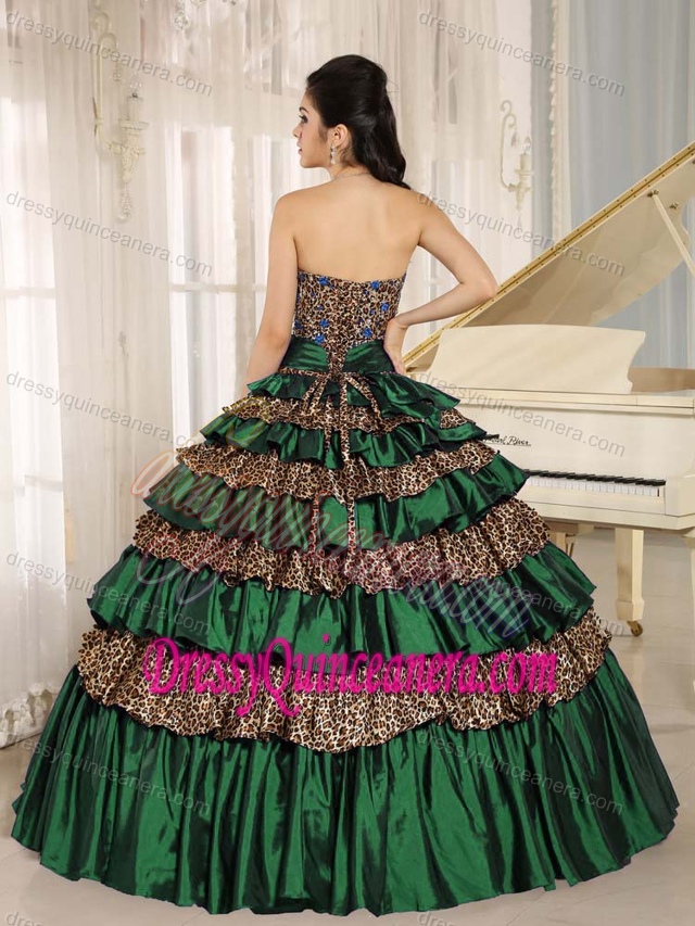 Quince Dress with Ruffled Layers and Appliques in Green and Leopard