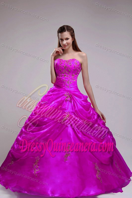 Affordable Fuchsia Strapless Organza Quinceanera Dress with Appliques