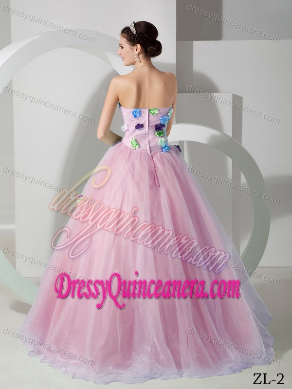 Rose Pink Princess Strapless Floor-length Quinceanera Dress with Colorful Appliques
