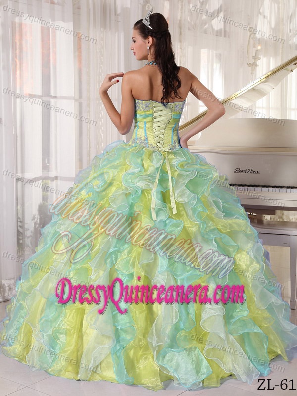 Amazing Multi-colored Sweetheart Organza Sweet 15 Dress with Ruffles and Appliques