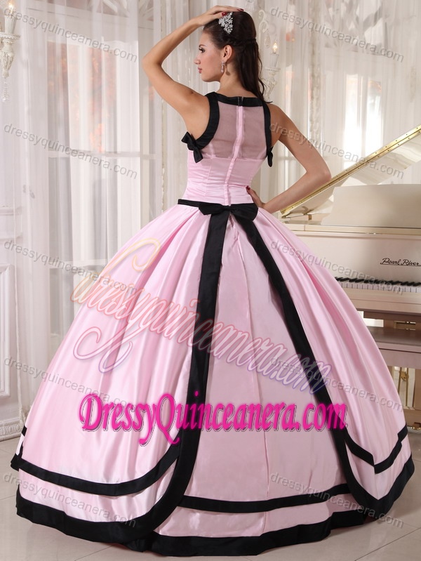 Special Baby Pink and Black Bateau Floor-length Taffeta Quinceanera Dress for Cheap