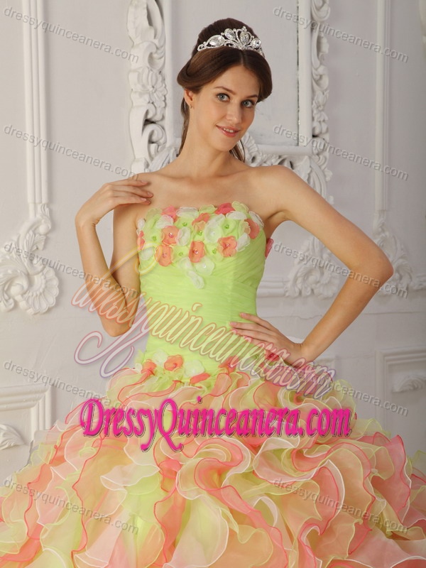 Lovely Multi-colored Strapless Ball Gown Sweet 15 Dresses with Ruffles and Flowers