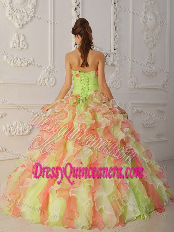 Lovely Multi-colored Strapless Ball Gown Sweet 15 Dresses with Ruffles and Flowers