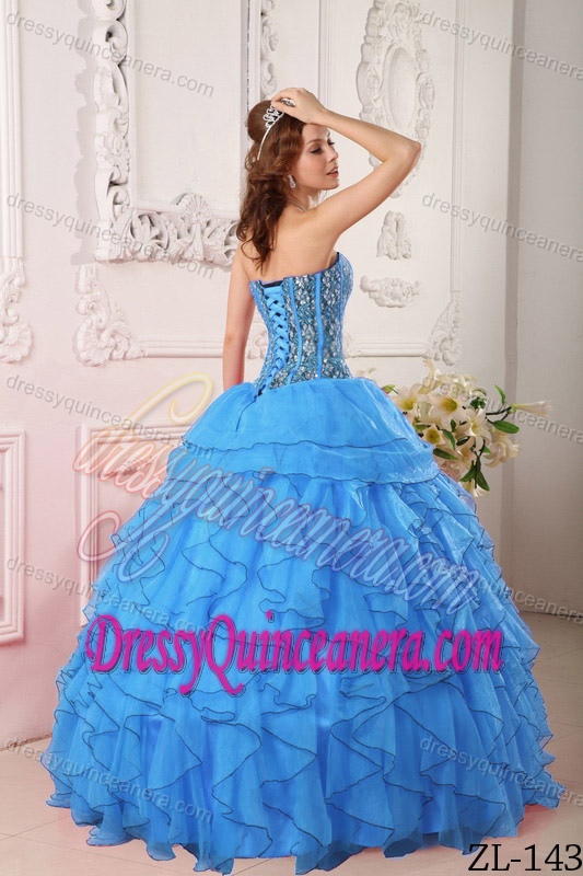 Sweetheart Organza Aqua Blue Ball Gown Quinceanera Dress with Beading and Ruffles
