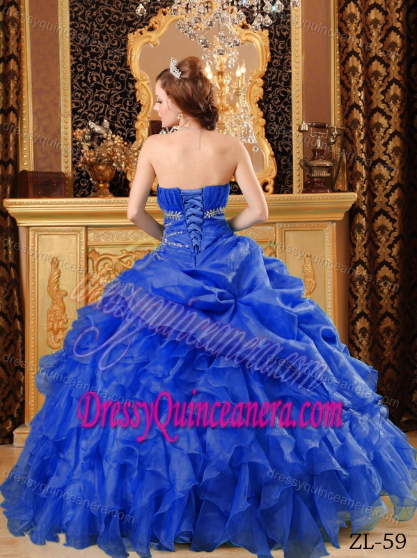 New Sky Blue Ruched Strapless Organza Quinceanera Dress with Ruffles and Appliques