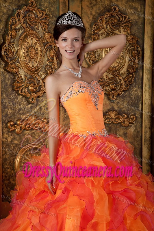 Two-toned Orange Sweetheart Organza Quinceanera Dress with Appliques and Ruffles
