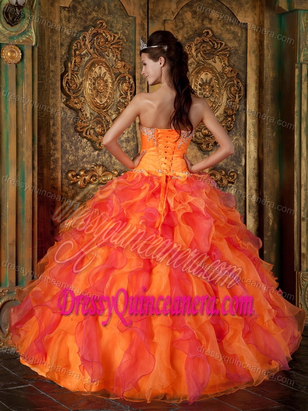 Two-toned Orange Sweetheart Organza Quinceanera Dress with Appliques and Ruffles
