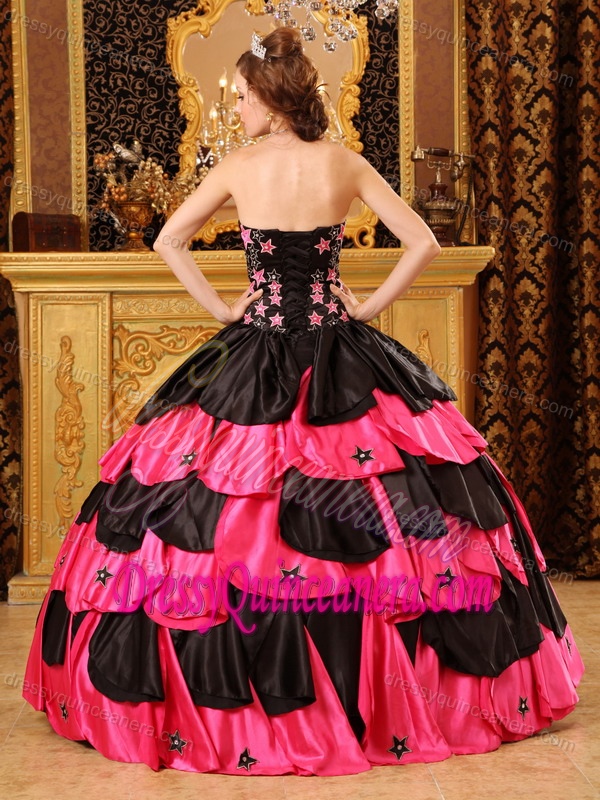 Hot Pink and Black Strapless Taffeta Quinceanera Dress with Beading on Promotion