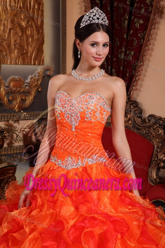 Orange Red Appliqued Sweetheart Organza Quinceanera Dress with Ruffles and Beading