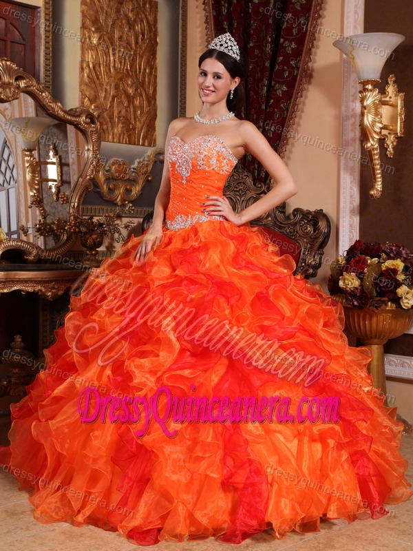 Orange Red Appliqued Sweetheart Organza Quinceanera Dress with Ruffles and Beading
