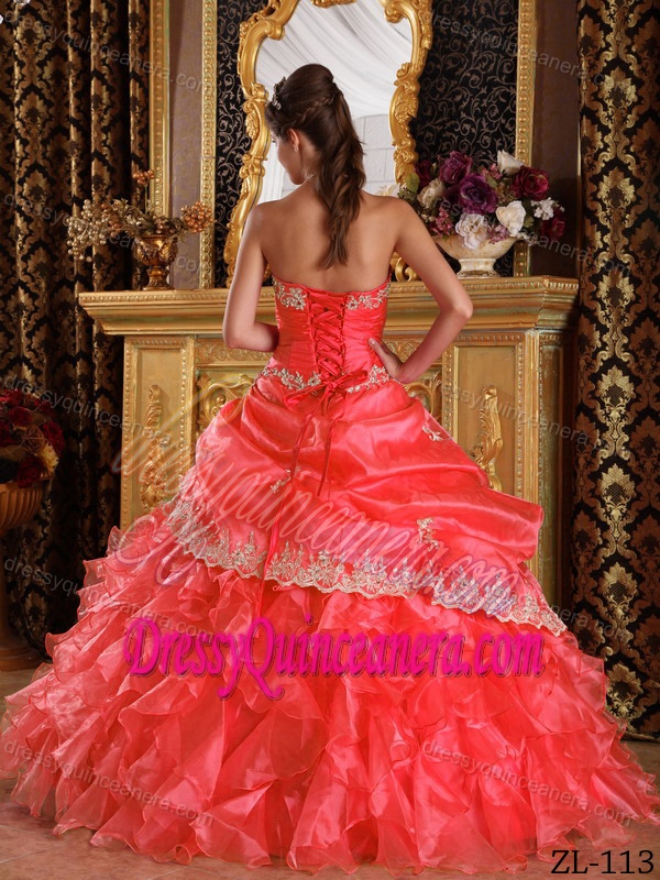 Watermelon Strapless Ruffled Organza Quinceanera Dress with Appliques and Pick-ups