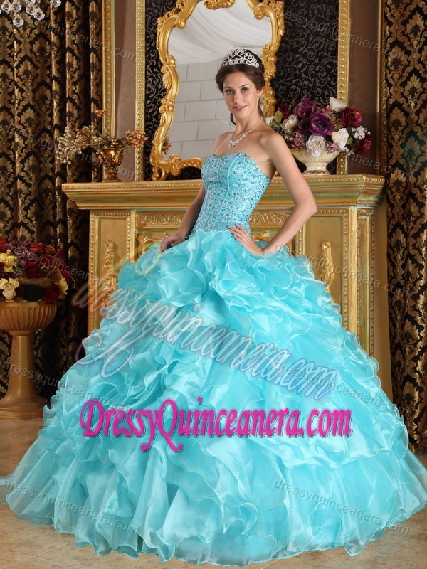 Aqua Blue Sweetheart Organza Quinceanera Dresses with Ruffles and Beading for Less