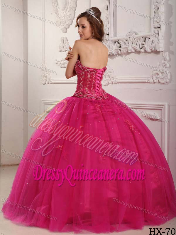 Elegant Strapless Hot Pink Ball Gown Tulle Quinceanera Dress with Beading for Cheap