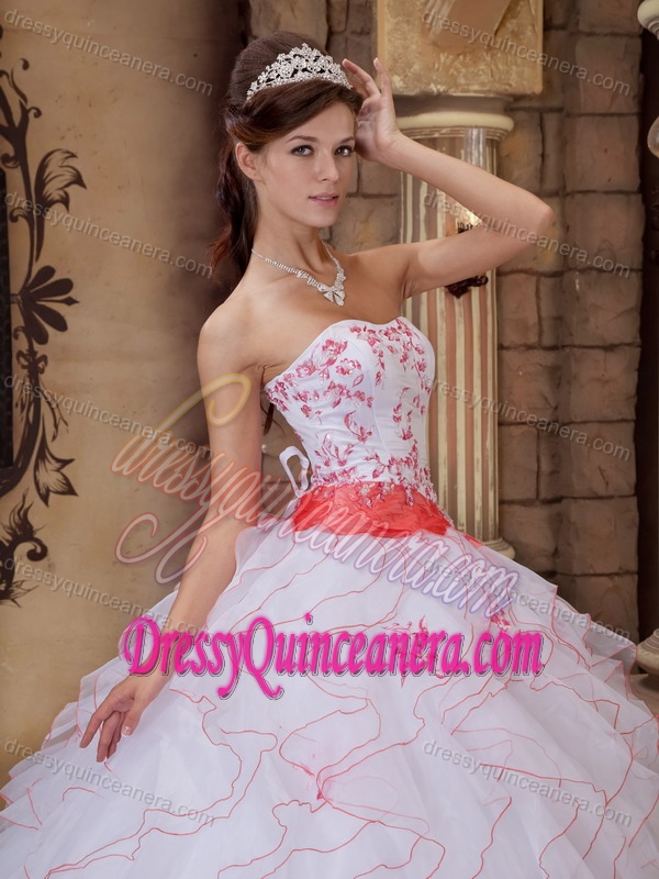 White Strapless Organza Ruffled Sweet 16 Dresses with Orange Embroidery and Sash