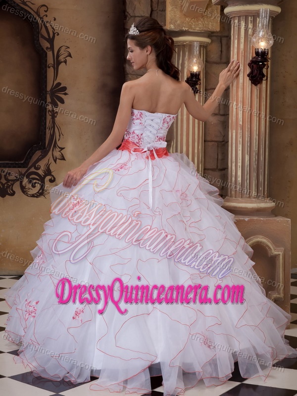 White Strapless Organza Ruffled Sweet 16 Dresses with Orange Embroidery and Sash