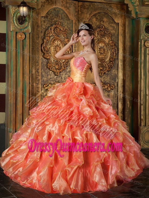 Ruffled and Beaded Organza Dress for Quinceanera with Strapless in Flamingo
