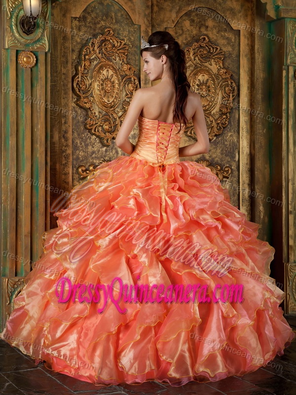Ruffled and Beaded Organza Dress for Quinceanera with Strapless in Flamingo