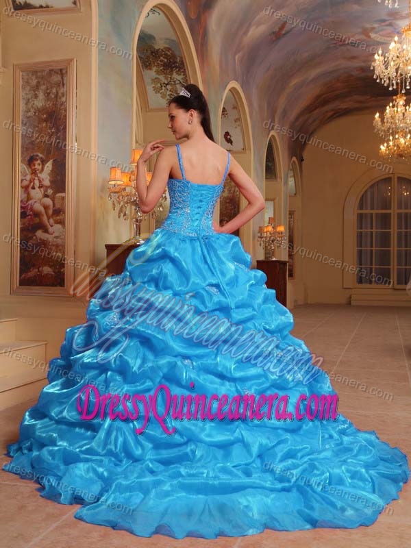 Spaghetti Straps Quinceaneras Dress with Embroidery and Pick-ups in Aqua Blue