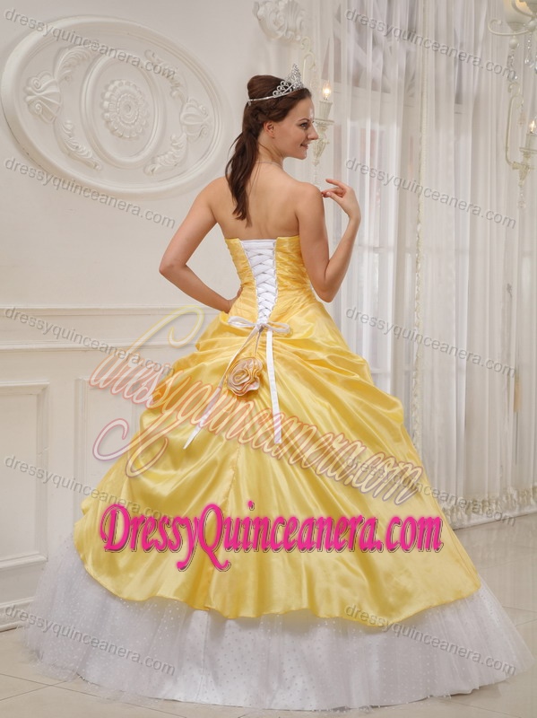 Strapless Beaded Quinceanera Dress with Hand Made Flower in Yellow and White