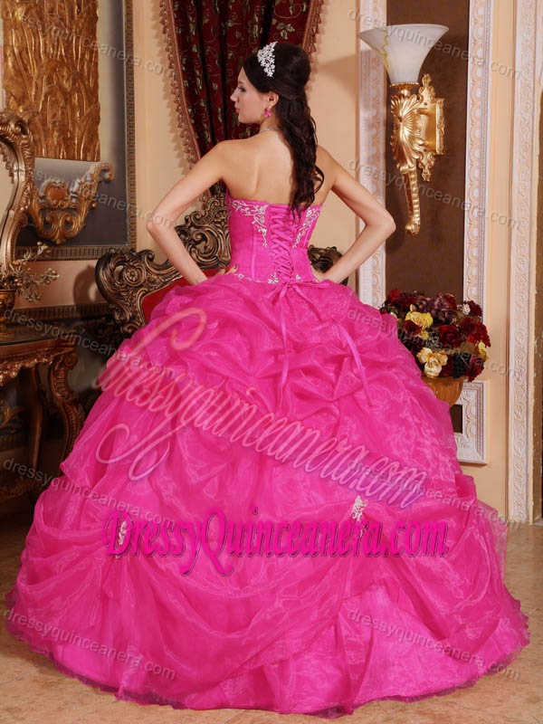 Sweetheart Hot Pink Quince Dresses with Appliques and Pick-ups on Promotion