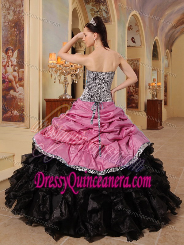 Pink and Black Ruffled Dresses for Quince with Pick-ups and Leopard in Taffeta