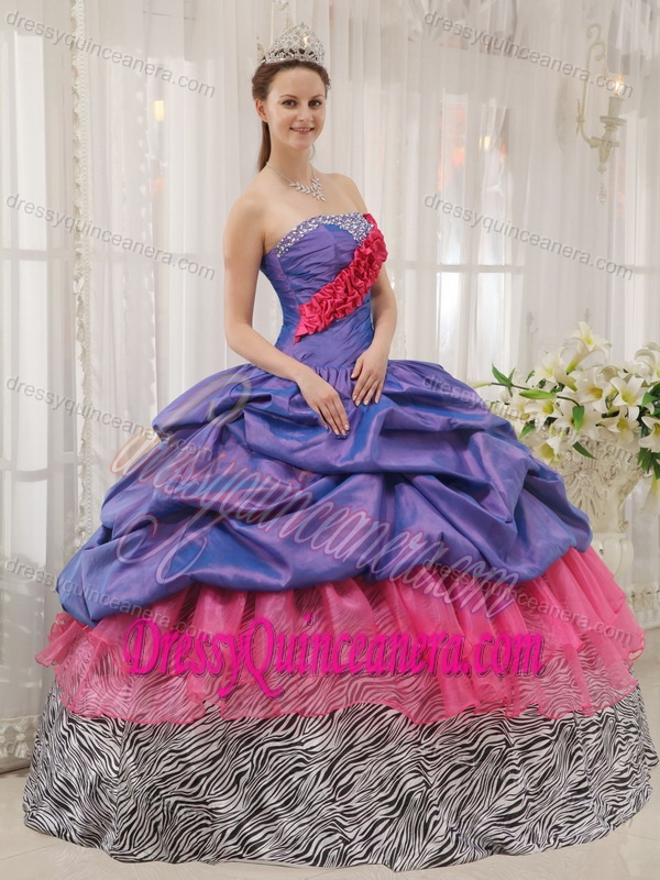 Multi-colored Beaded and Ruffled Sweet 15 Dresses with Pick-ups and Leopard