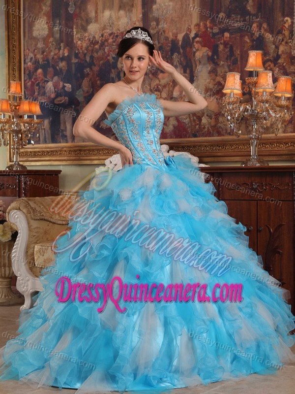 Aqua Blue Strapless Sweet Sixteen Quince Dresses with Appliques and Ruffles