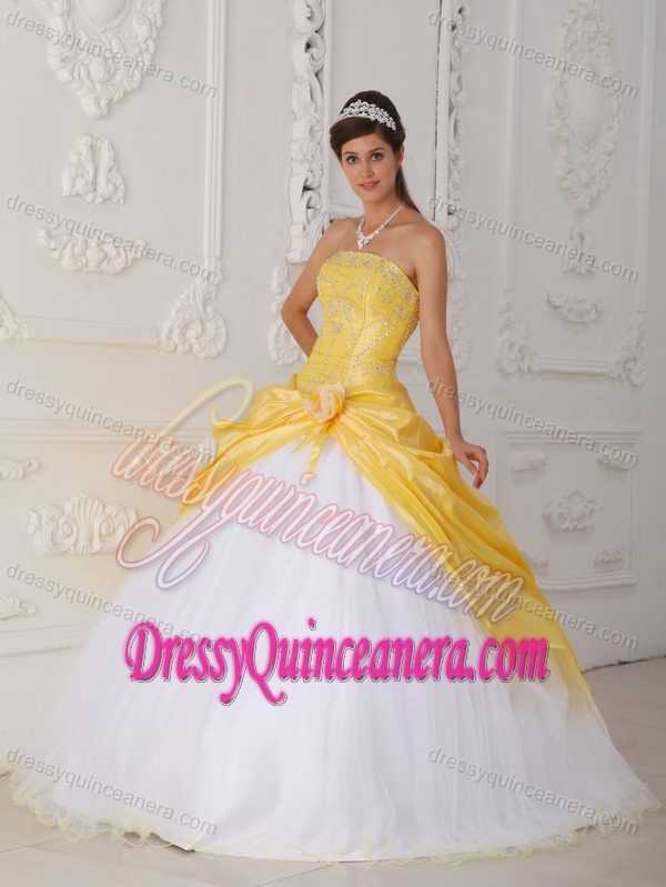 Yellow and White Dress for Quinceanera with Appliques and Hand Made Flower