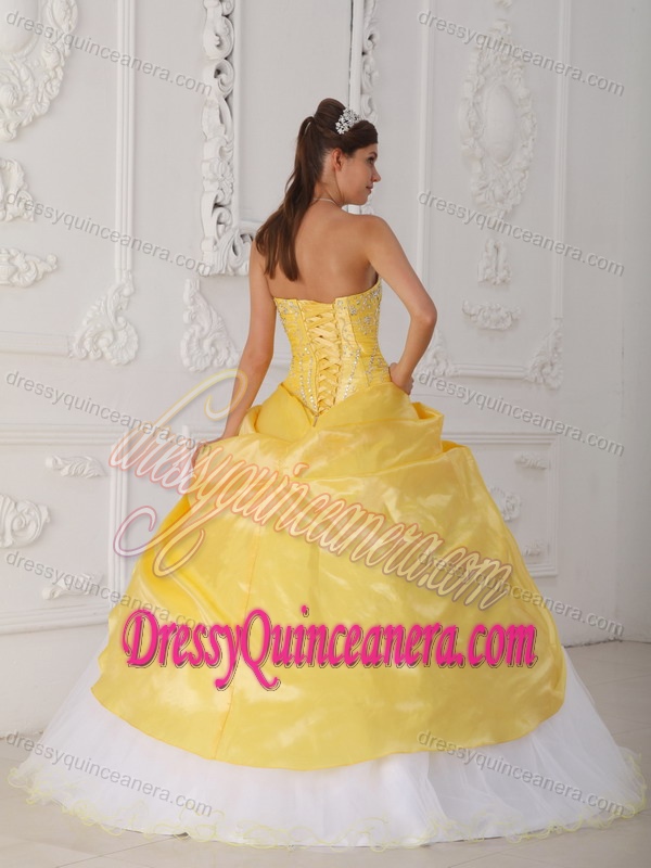 Yellow and White Dress for Quinceanera with Appliques and Hand Made Flower
