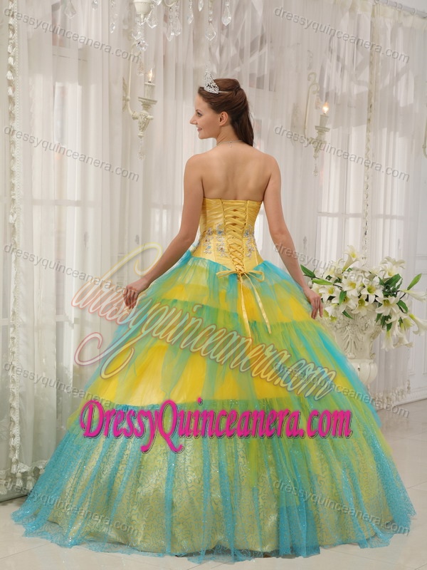 Strapless Ruching Quinceanera Gown Dresses with Appliques in Yellow and Blue