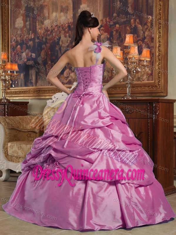 Fuchsia One Shoulder Sweet 16 Quince Dress with Hand Made Flowers in Taffeta