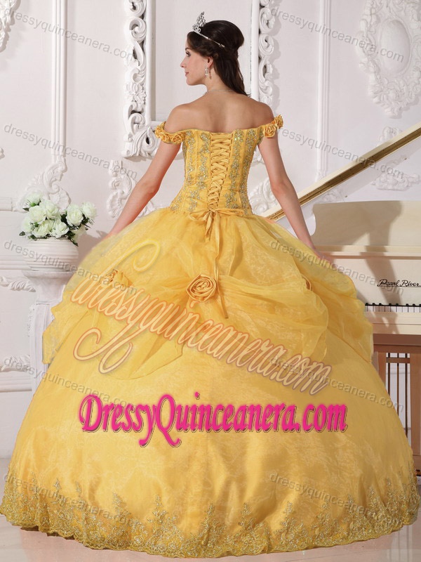 Gold Off The Shoulder Sweet 16 Dress with Appliques and Hand Made Flowers