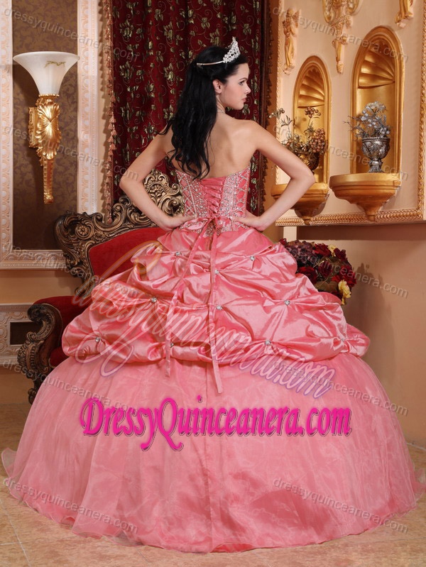 Watermelon Sweetheart Sweet 16 Dresses with Beadings and Pick-ups in Taffeta