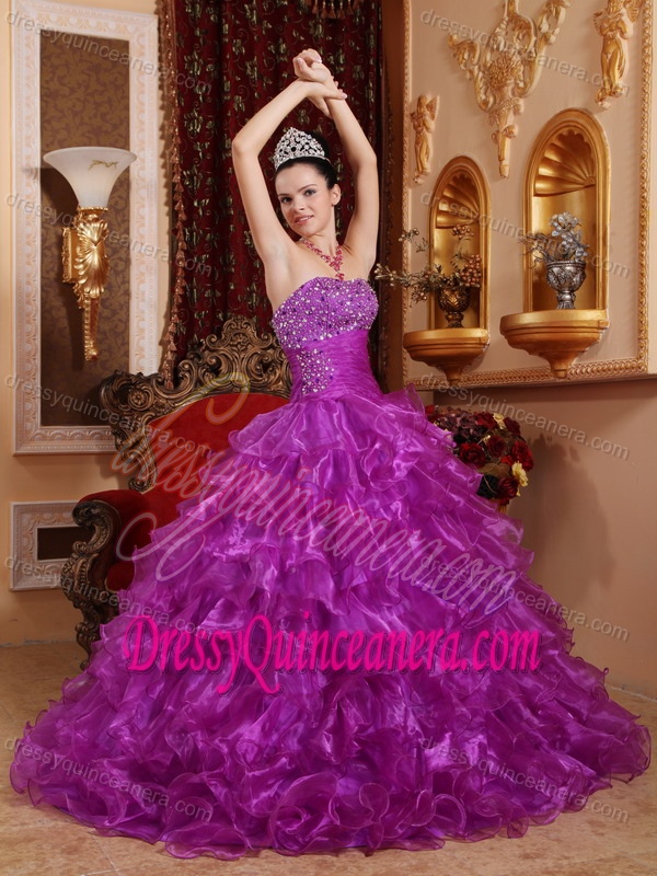 Sweetheart Ruffled Organza Quinceanera Gown Dresses with Beads in Fuchsia