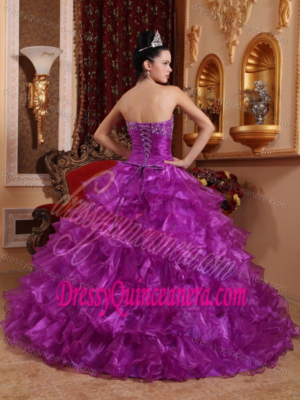 Sweetheart Ruffled Organza Quinceanera Gown Dresses with Beads in Fuchsia