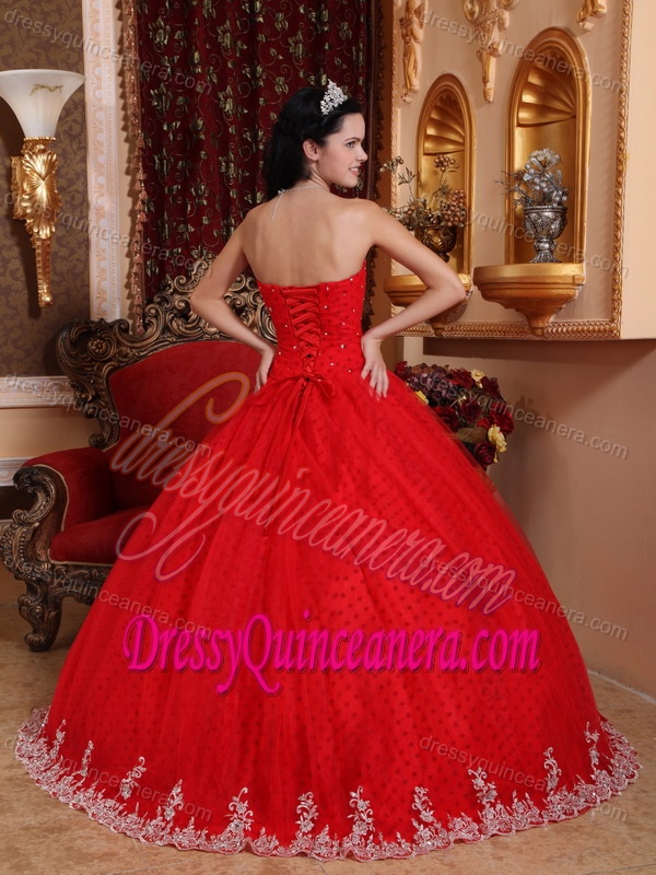 Discount Strapless Floor-length Red Dress for Quinceanera with White Appliques