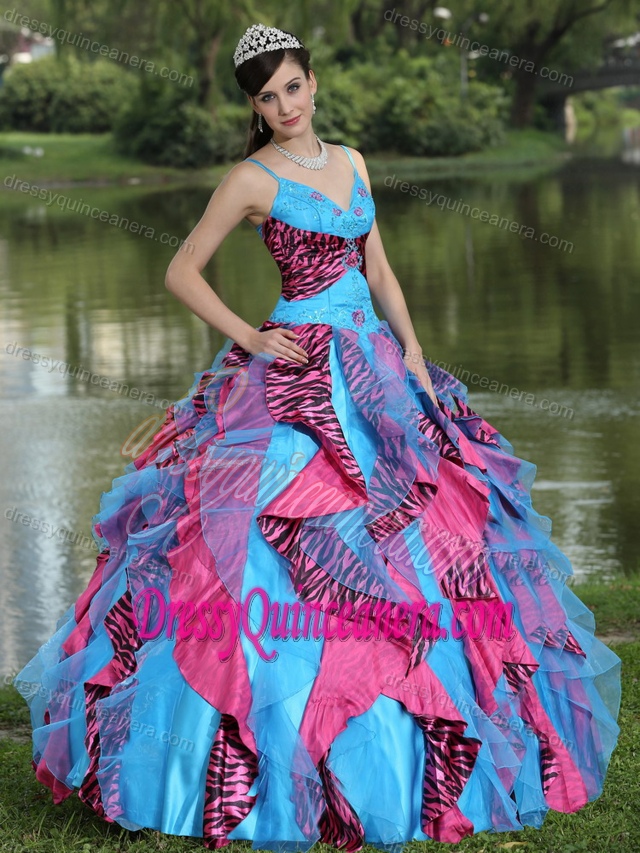 Spaghetti Straps Sweet Sixteen Dress with Ruffles and Embroidery in Multi-color