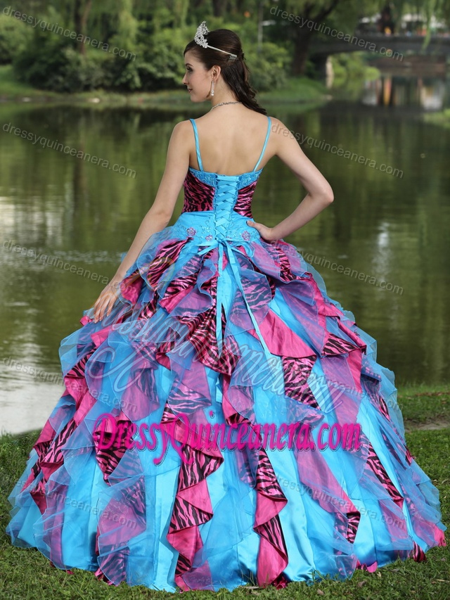 Spaghetti Straps Sweet Sixteen Dress with Ruffles and Embroidery in Multi-color