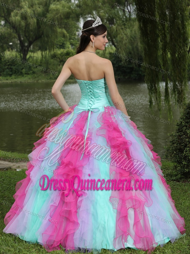 Multi-colored Sweetheart Quinceanera Dress with Ruffled Layers and Beadings