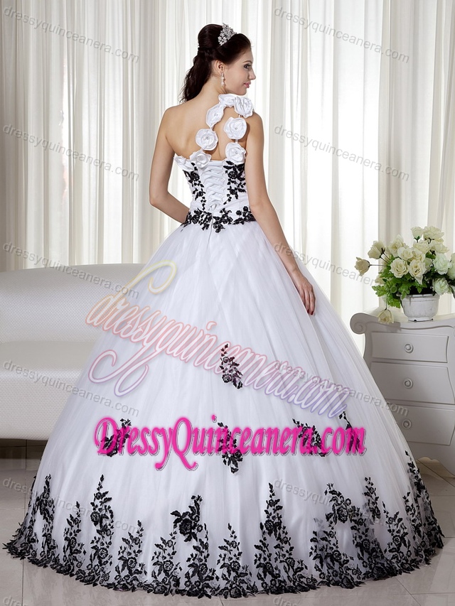 White A-line One Shoulder Dress for Quince with Ruffles and Black Appliques