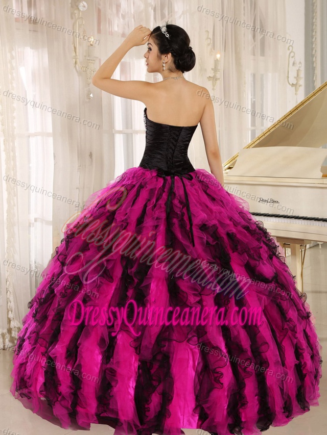 Pretty Black and Fuchsia Ruffled Sweet 16 Dresses with Beadings and Ruches