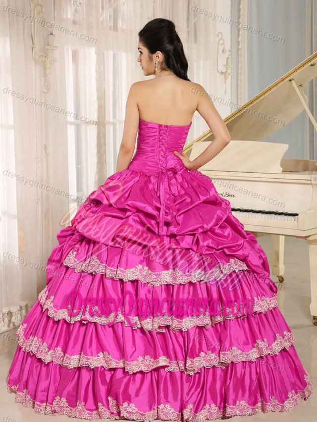 Ruched and Beaded Quinceanera Gown with Appliques and Pick-ups in Taffeta