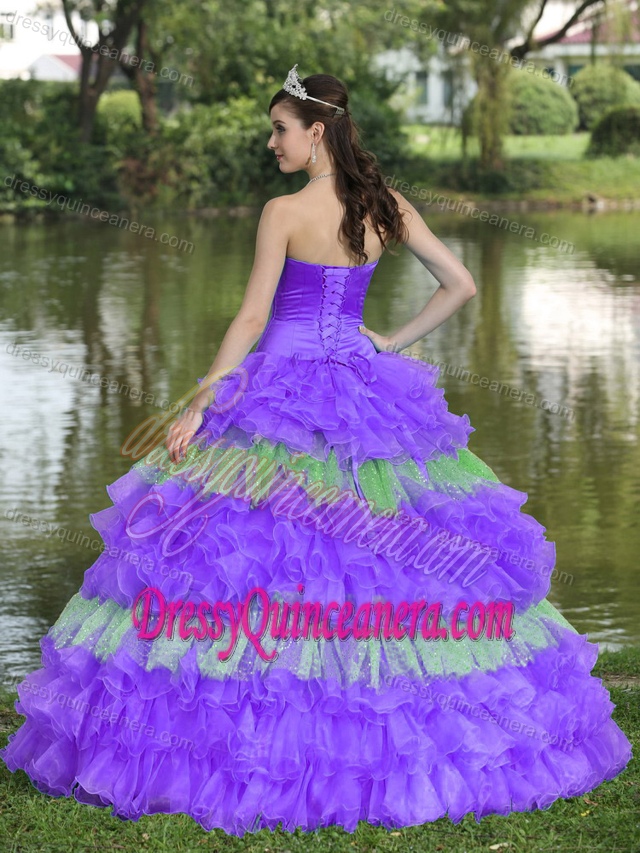 Cheap Beaded Purple and Green Quinceanera Gown Dress with Ruffled Layers