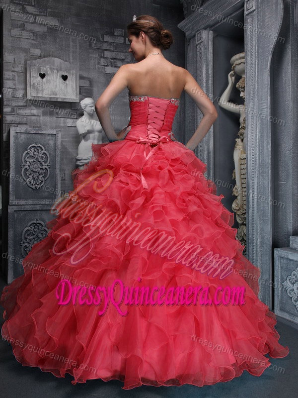 Sweetheart Quinceanera Gown in Red with Appliques and Ruffles on Promotion